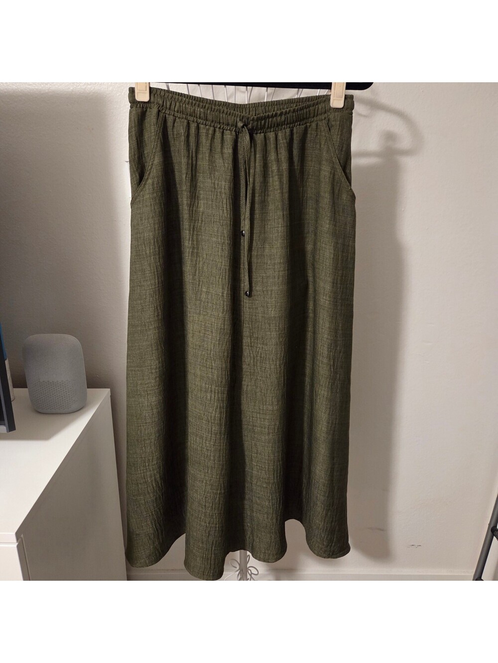 Max Studio Olive Green Midi Skirt with Drawstring Waist, Size M